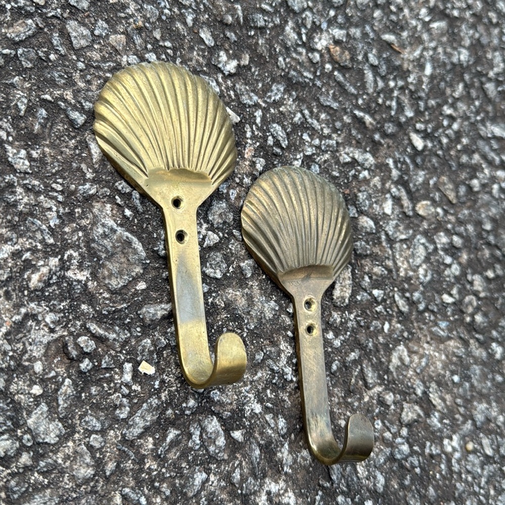 Brass Seashell Set of 2 Wall Hooks Keys or Jewrly